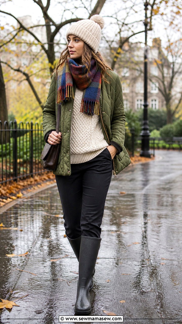 Quilted Jacket with Jumper and Wellies Outfit - 40 What to wear in London