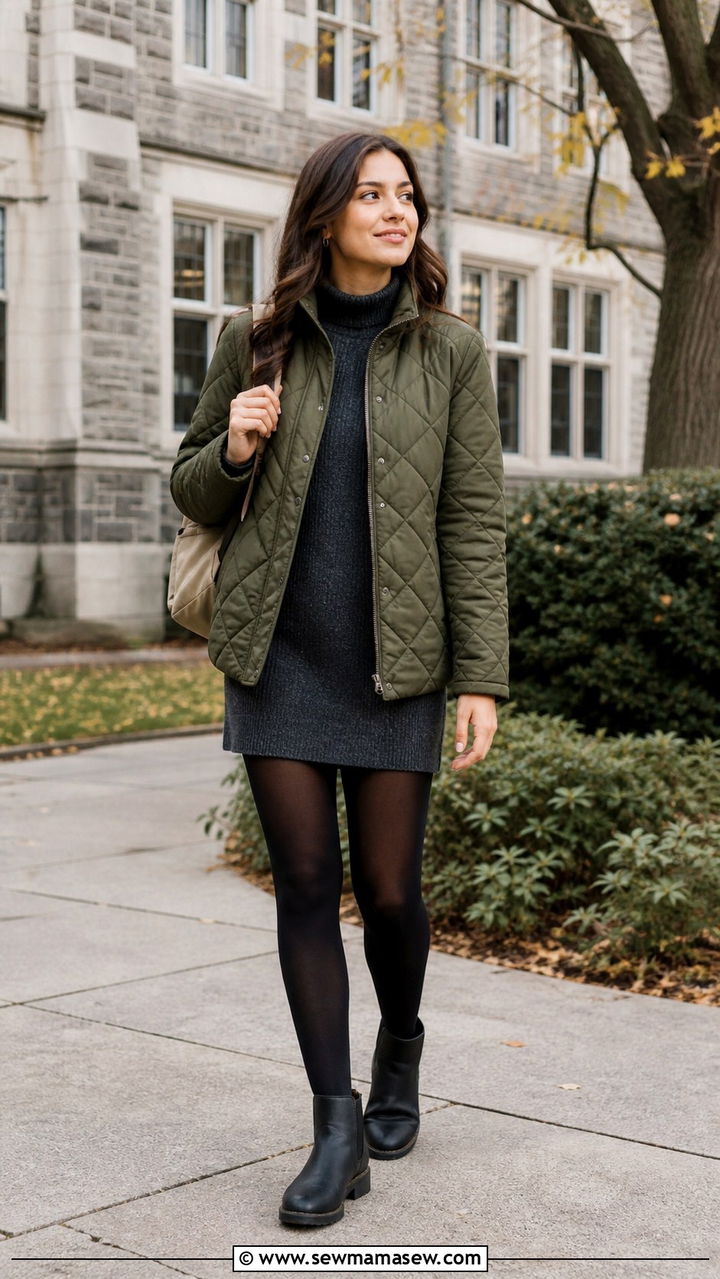 Quilted Jacket with Knit Dress - 40 college outfits