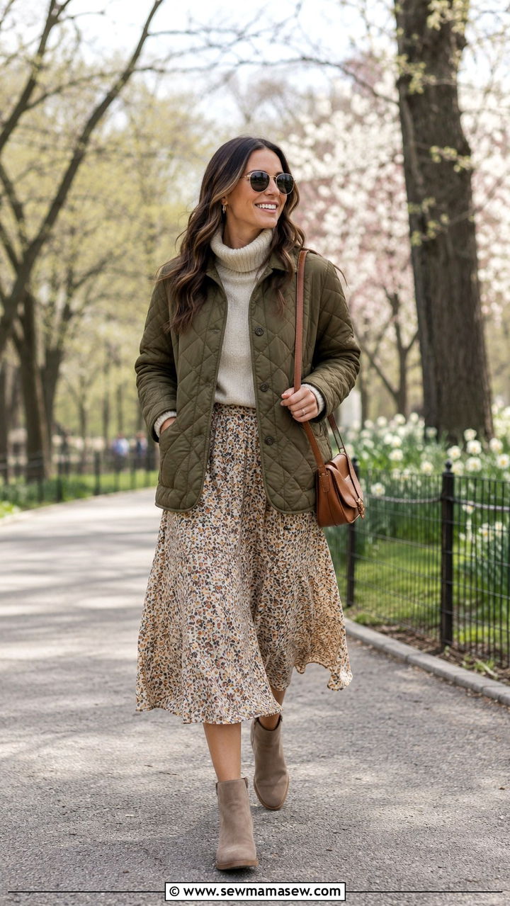 Quilted Jacket with Knit and Midi Skirt Outfit - 20 Spring outfits for 45 degree weather
