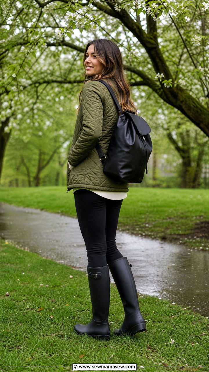 Quilted Jacket with Leggings and Rain Boots Spring Rain Outfit - 25 Spring rain outfit ideas