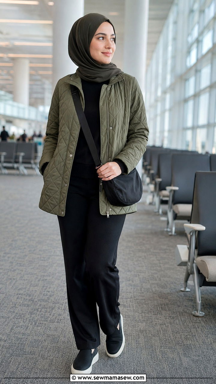 Quilted Jacket with Ponte Pants and Slip On Sneakers - 30 Modest outfit ideas for airport
