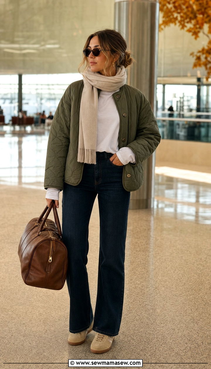 Quilted Jacket with Straight Leg Jeans - 25 Clean girl outfit ideas for airport