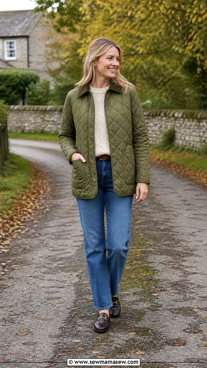 Quilted Jacket with Straight Leg Jeans and Loafers - 40 casual jacket outfits
