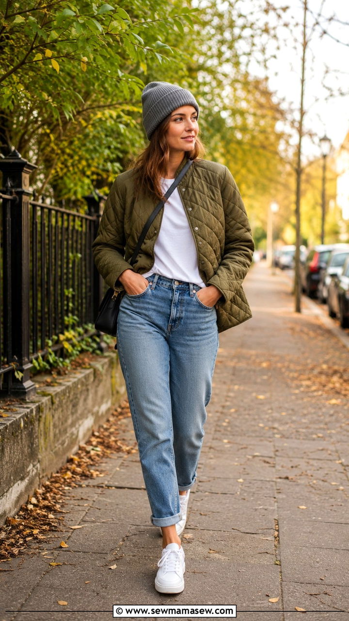 Quilted Jacket with Straight Leg Jeans and White Sneakers - 30 classy scandinavian outfit ideas