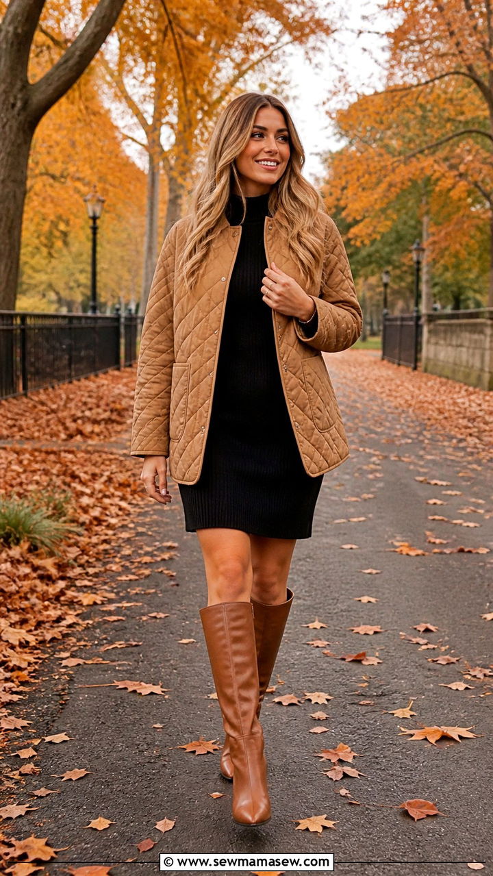 Quilted Jacket with Sweater Dress and Knee High Boots - 40 jacket outfits for women