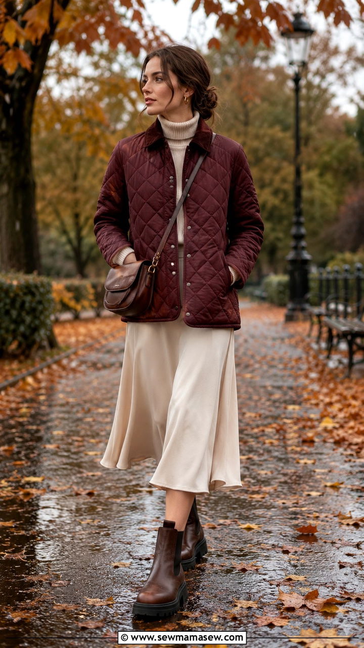 Quilted Jacket with a Midi Skirt and Chunky Chelsea Boots - 30 transitional rainy day outfit ideas