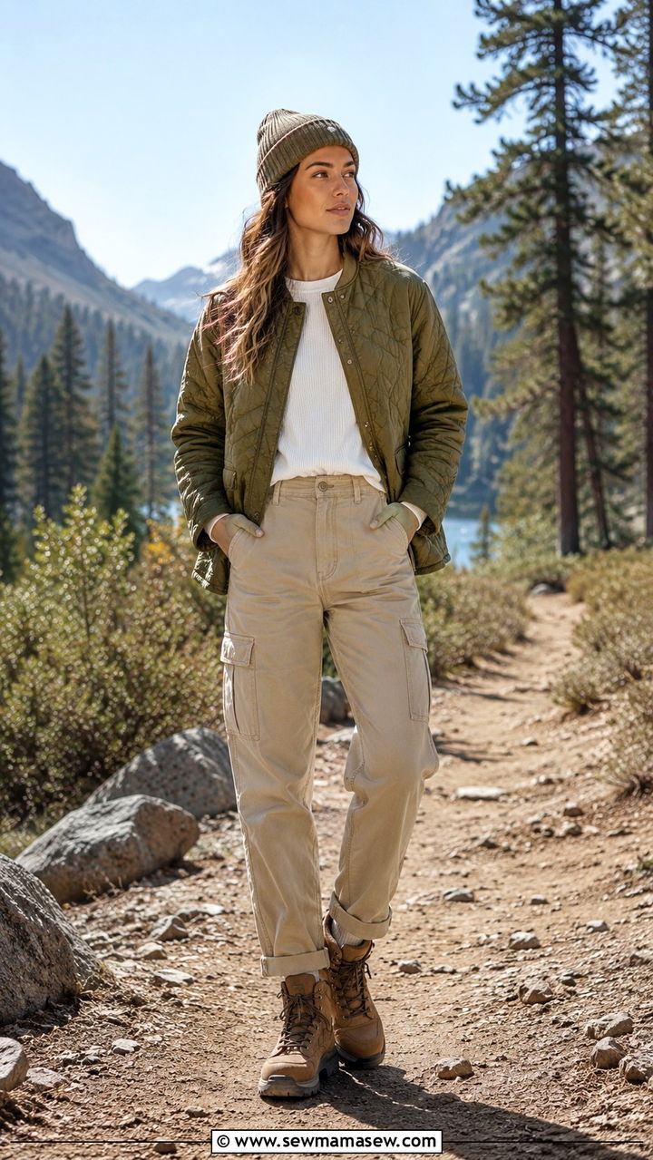 Quilted Liner Jacket And Cargo Pants Outfit - 25 transitional travel outfit ideas