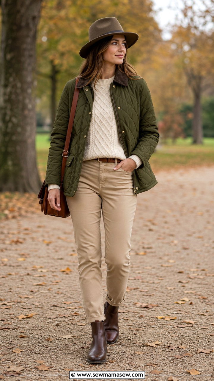 Quilted Olive Field Jacket and Beige Chinos - 30 Old money capsule wardrobe