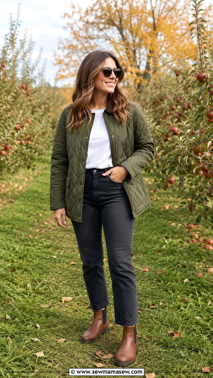 Quilted Olive Jacket with White Tee and Dark StraightLeg Jeans - 30 preppy capsule wardrobe outfits