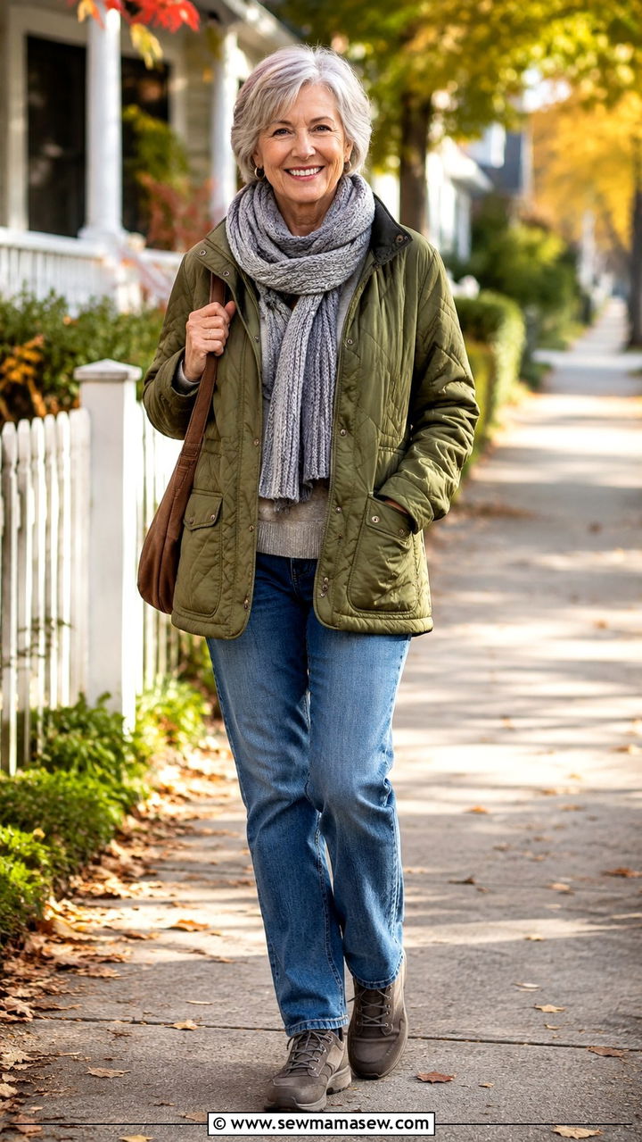 Quilted Olive Utility Jacket With Blue Jeans Casual Outfit - 25 Outfit ideas for women over 60 casual 2026