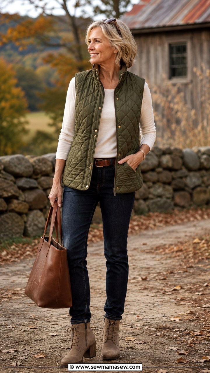 Quilted Olive Vest with Long Sleeve Tee and Dark Jeans - 30 Capsule wardrobe women over 50