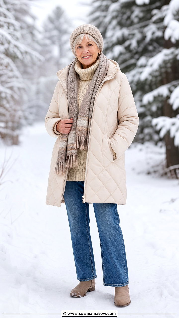 Quilted Puffer Coat And Straight Jeans For Women Over 70 - 30 Outfit ideas for women over 70