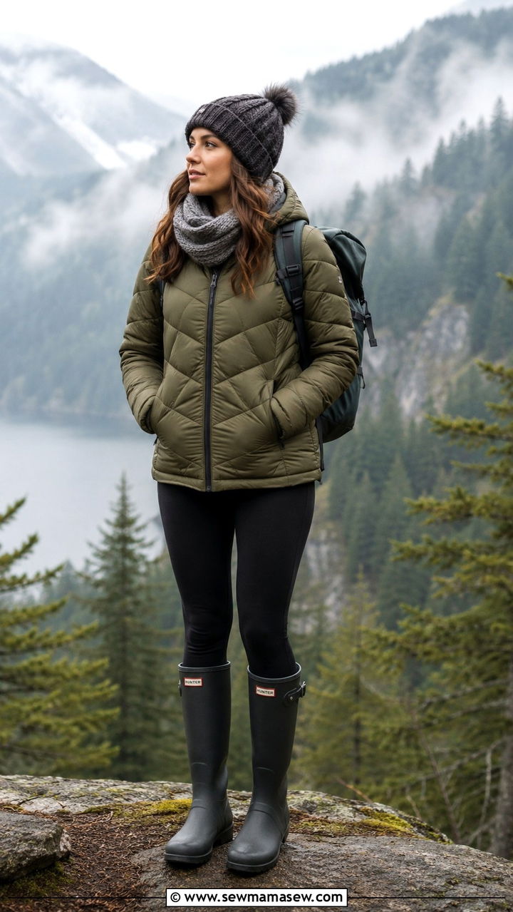 Quilted Puffer Jacket with Rain Boots - 30 Rainy vacation outfit ideas