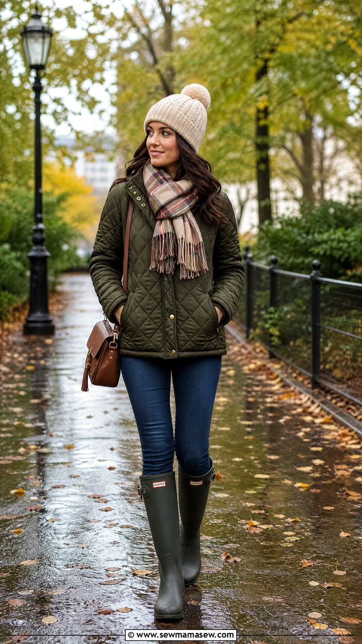 Quilted Puffer Jacket with Skinny Jeans and Rain Boots - 30 classy rainy day outfits