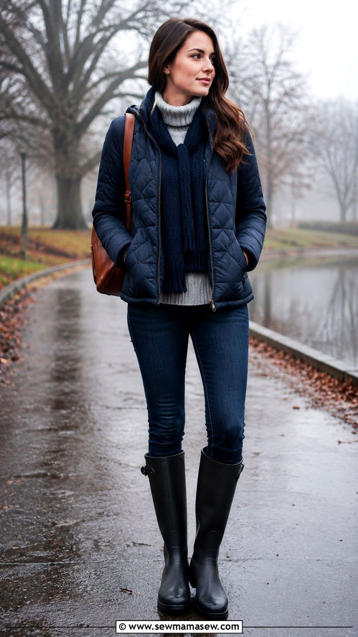 Quilted Puffer Jacket with Skinny Jeans and Tall Rain Boots - 25 rainy day outfits inspo