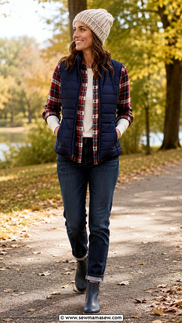 Quilted Puffer Vest With Plaid Flannel And Dark Denim - 30 Outfit ideas for working moms
