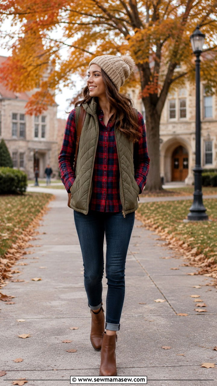 Quilted Vest And Flannel Shirt School Outfit - 30 classy school outfits
