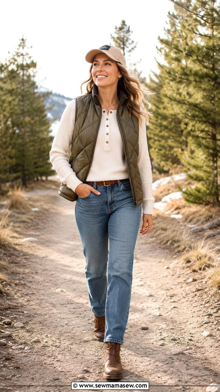 Quilted Vest And Long Sleeve Tee Outfit - 30 Spring cabin outfits