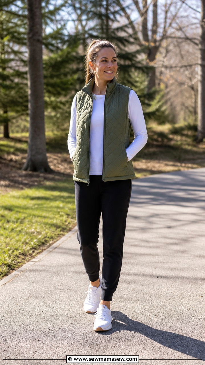 Quilted Vest Jacket with Long Sleeve Tee and Joggers - 40 casual jacket outfits