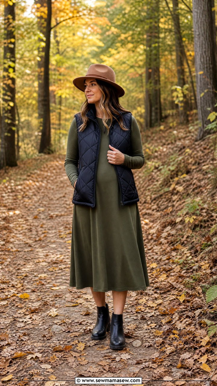 Quilted Vest Over A Midi Dress - 25 Maternity outfit ideas hiding bump