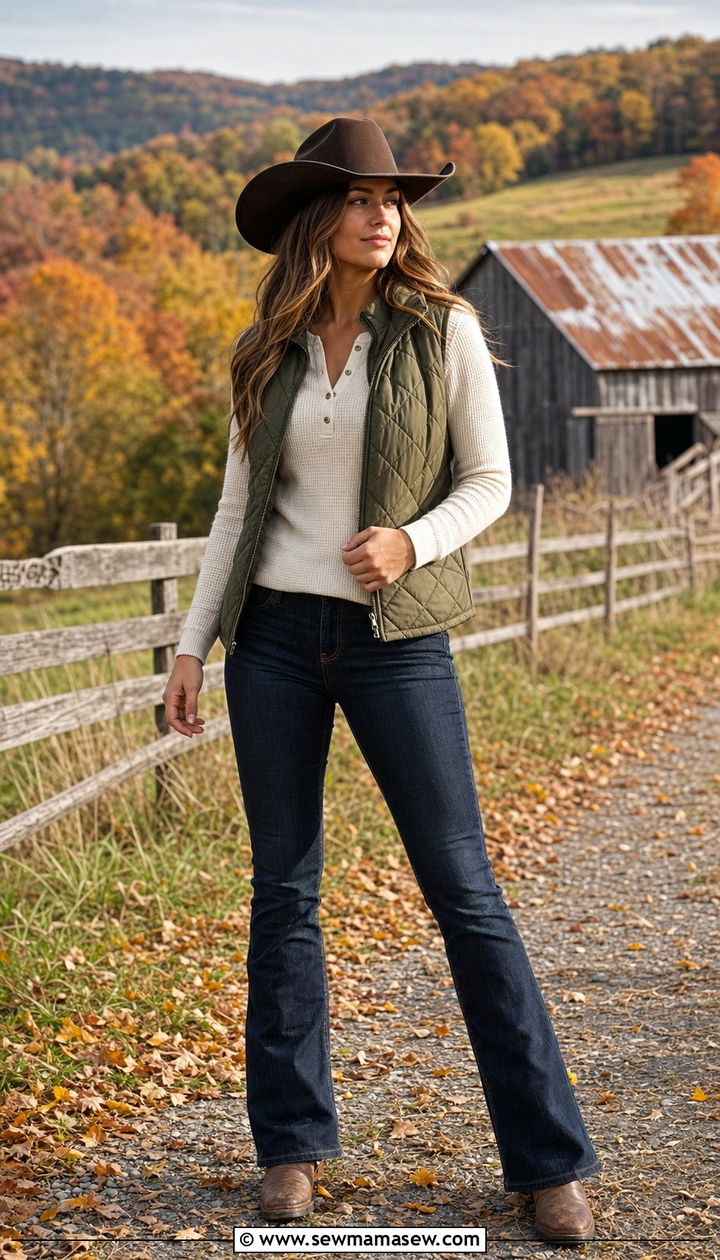 Quilted Vest Over A Thermal Henley - 25 Country girl outfit ideas 2026