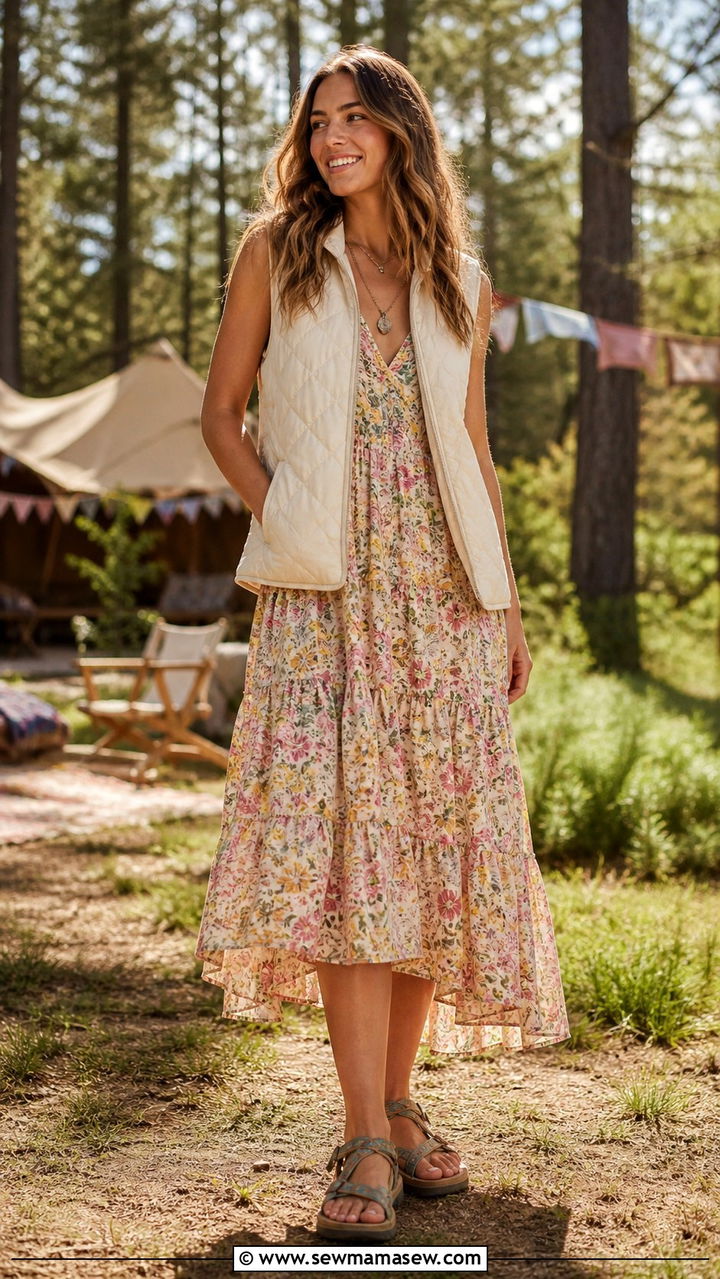 Quilted Vest Over A Tiered Sundress Spring Festival Outfit - 40 Spring festival outfits