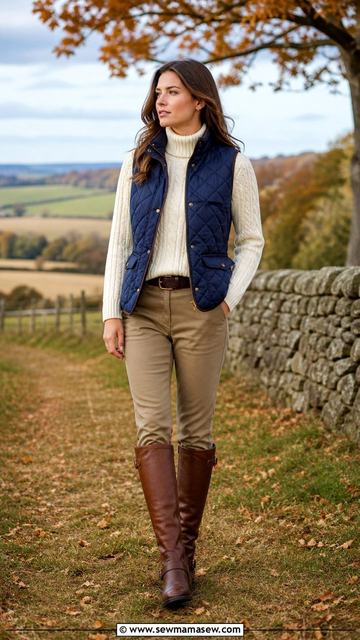 Quilted Vest Over Cable Knit Sweater - 40 old money outfits for women