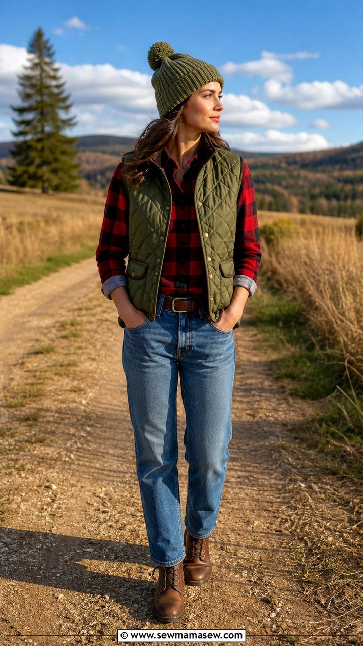Quilted Vest Over Flannel Shirt And Jeans - 40 old money outfits