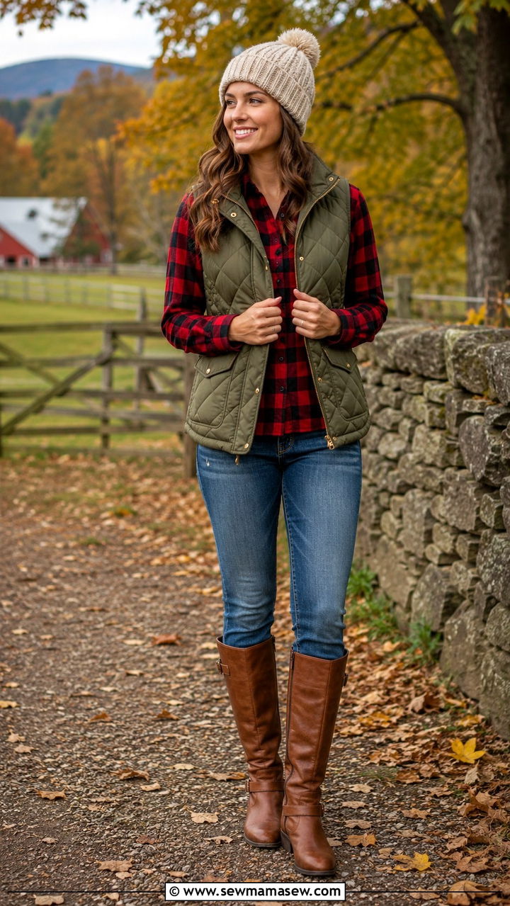 Quilted Vest Over Flannel Shirt Outfit - 30 Layering outfit ideas