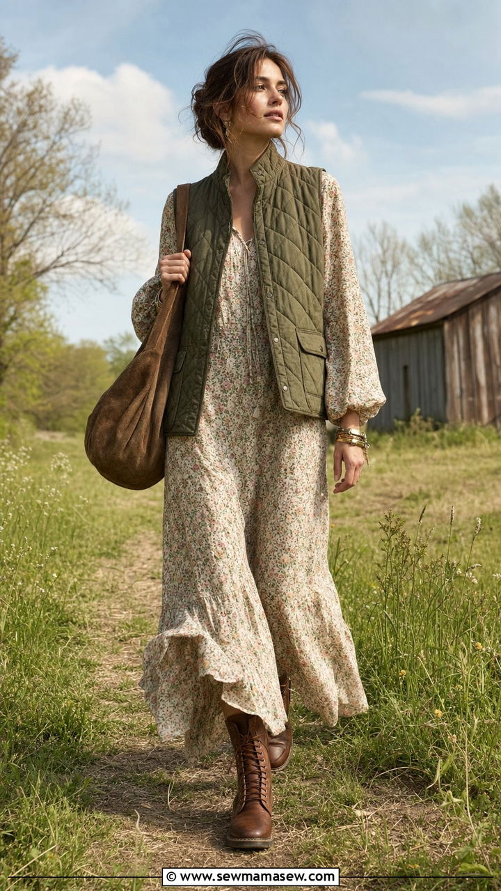 Quilted Vest Over Floral Maxi Dress Outfit - 25 Spring cottagecore outfits 2026