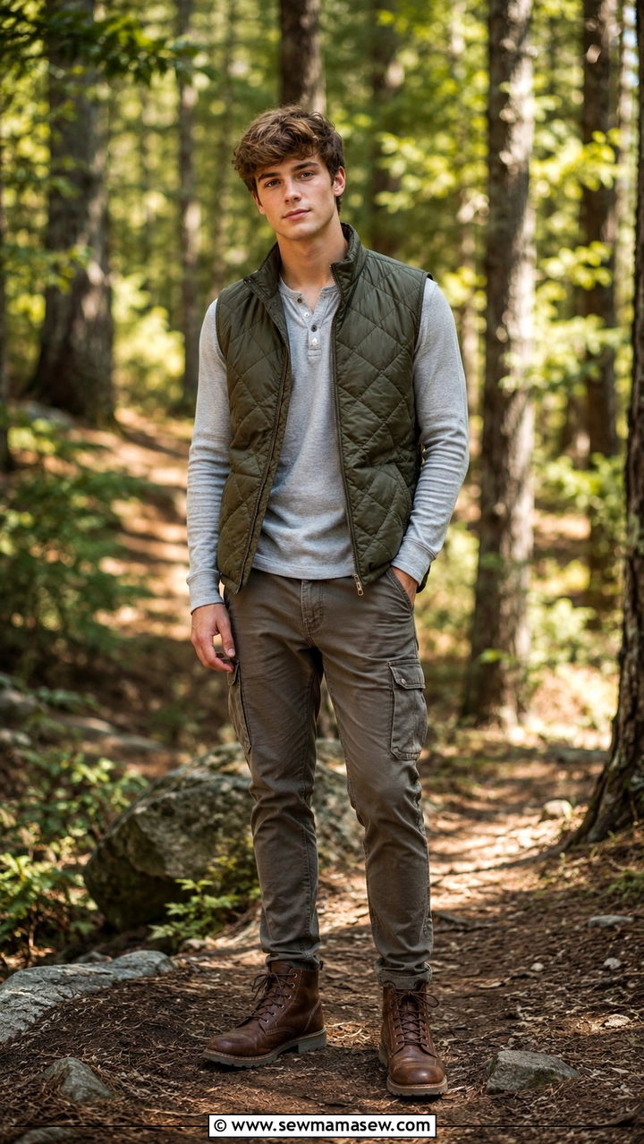Quilted Vest Over Henley with Cargo Pants - 30 Senior photo outfit ideas for guys