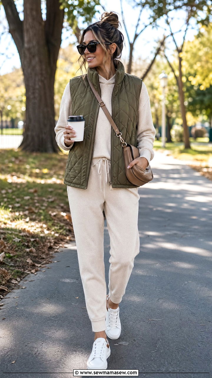 Quilted Vest Over Knit Lounge Set - 35 Elegant loungewear outfit ideas