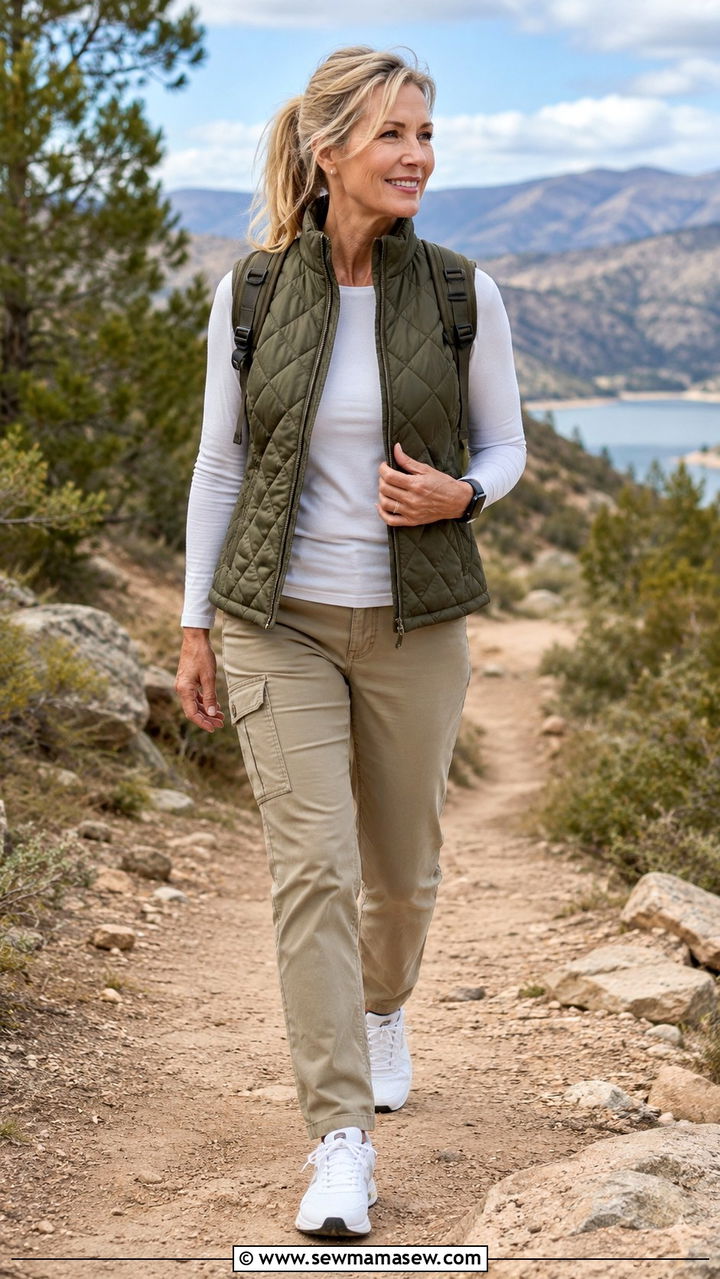 Quilted Vest Over Long Sleeve Tee With Cargo Pants and Sneakers - 30 Capsule wardrobe women over 40