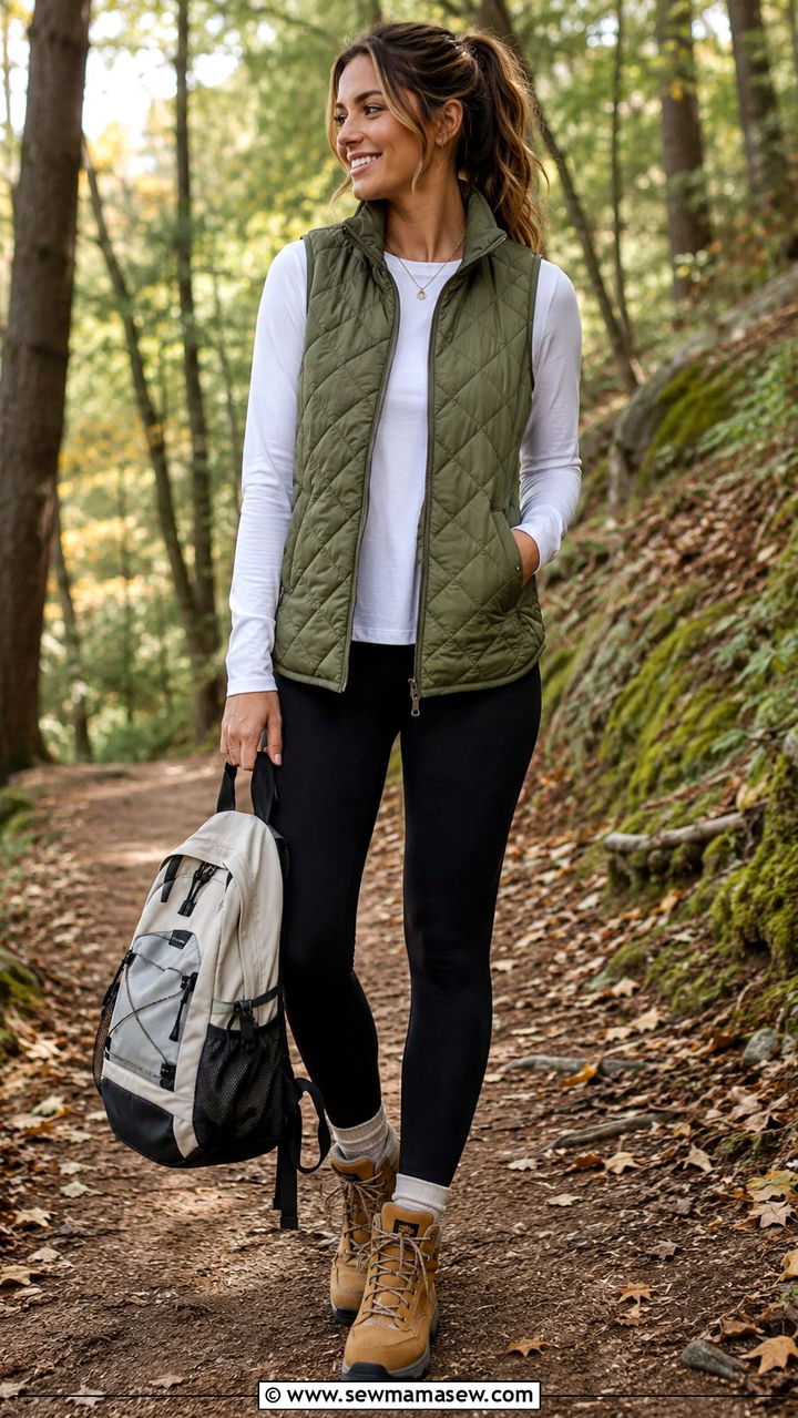 Quilted Vest Over Long Sleeve Tee With Leggings And Hiking Boots - 30 cute transitional outfits