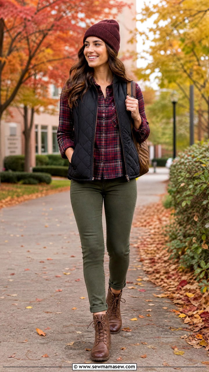 Quilted Vest Over Plaid Shirt - 30 Medical student outfit ideas