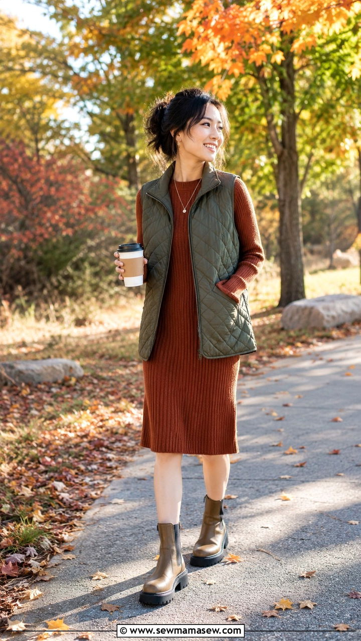Quilted Vest Over Ribbed Knit Dress - 30 Petite aesthetic outfit ideas
