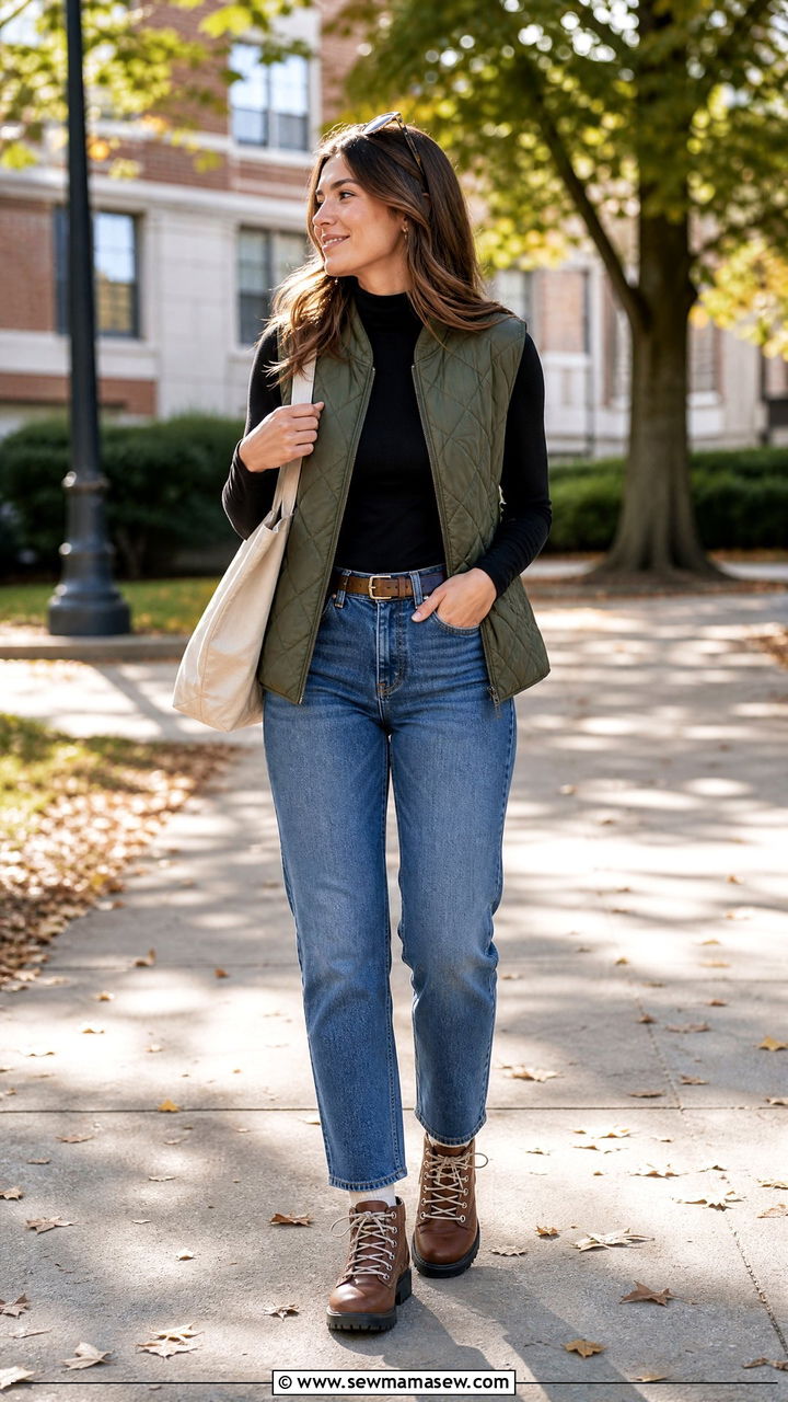 Quilted Vest Over Turtleneck with Jeans and Hiker Boots - 25 Business casual outfits with boots