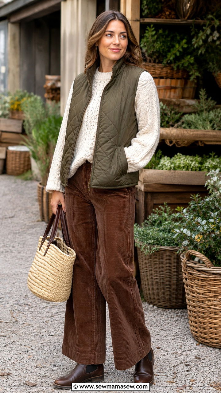 Quilted Vest Over a Chunky Knit and Corduroy Pants - 40 jacket outfits for women