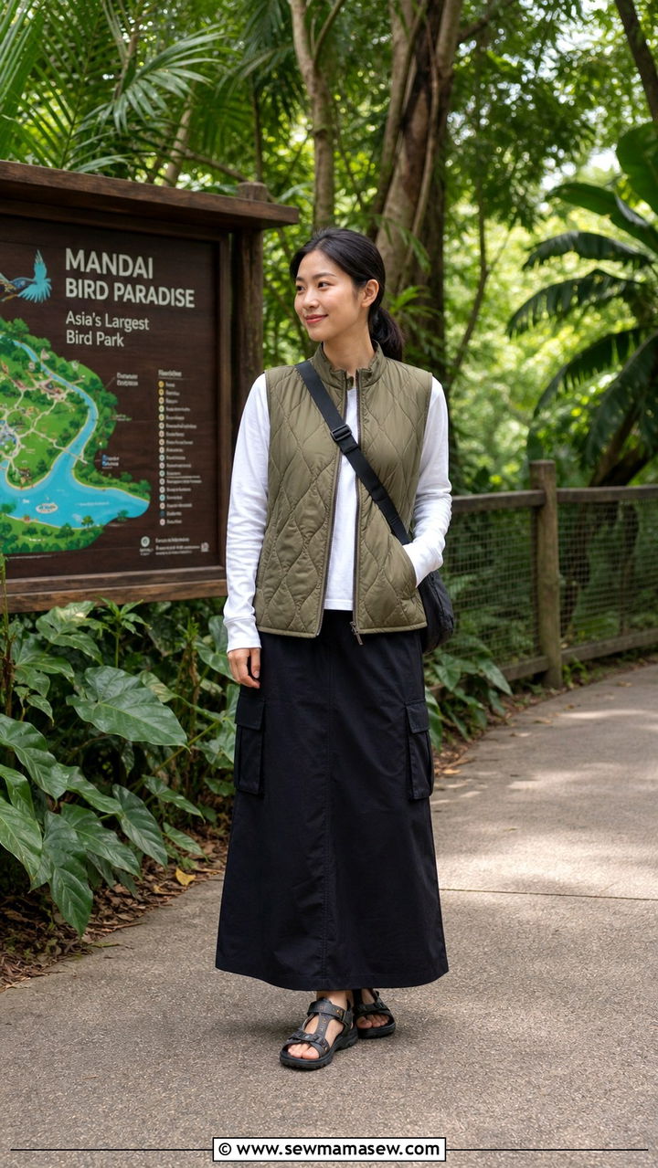 Quilted Vest Over a Long Sleeve Cotton Tee with Cargo Skirt - 40 What to wear in Singapore