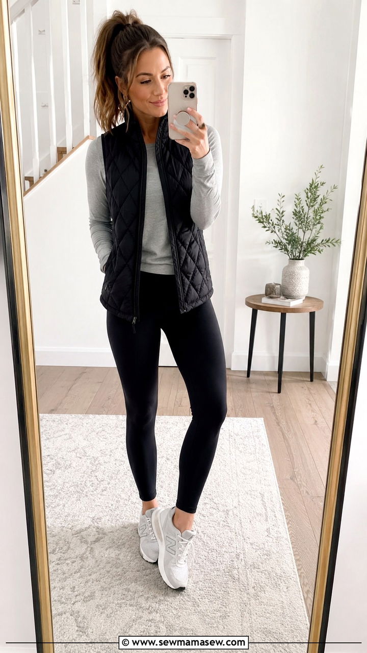 Quilted Vest Over a Long Sleeve Tee With Leggings - 20 Spring outfits for 50 degree weather