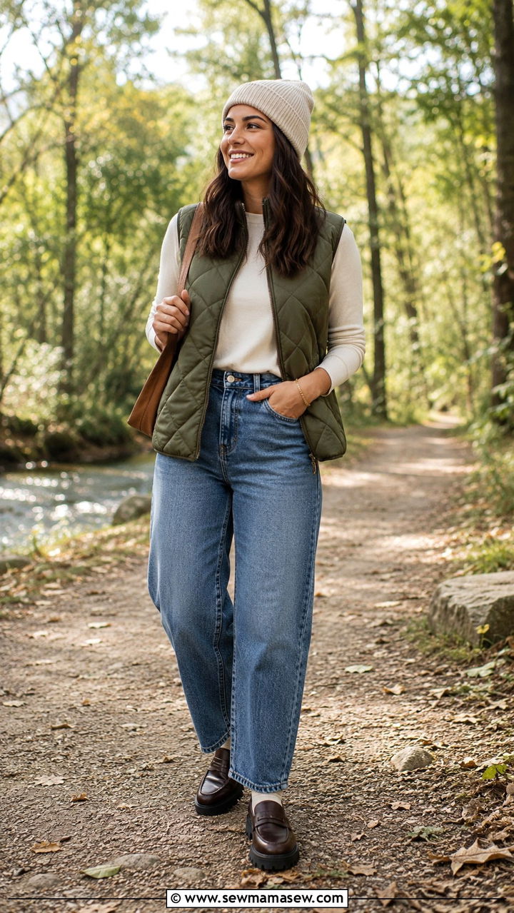 Quilted Vest Over a Long Sleeve Tee and Barrel Leg Jeans - 30 transitional casual outfit ideas