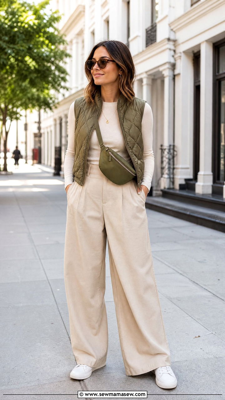 Quilted Vest Over a Long Sleeve Tee and Wide Leg Trousers - 30 Cool morning warm afternoon outfits