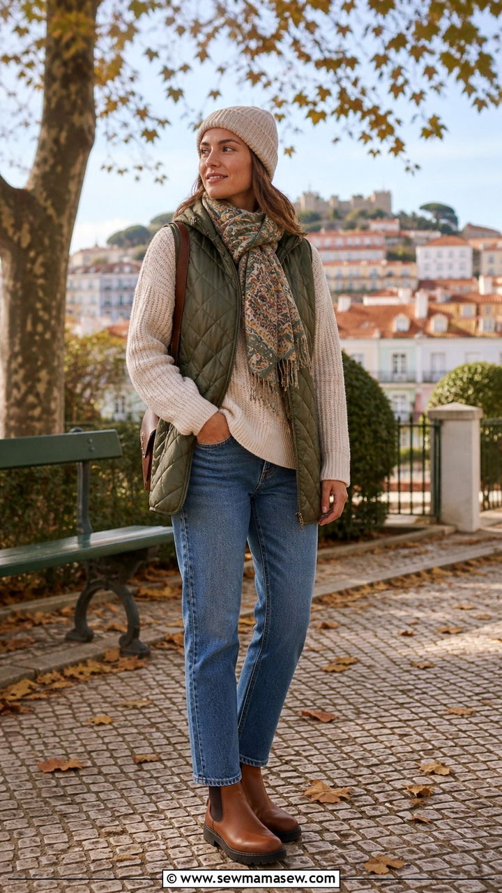 Quilted Vest Over a Sweater and Straight Leg Jeans - 40 What to wear in Lisbon
