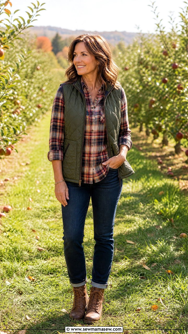 Quilted Vest With A Plaid Shirt And Jeans - 35 Middle aged woman outfit ideas
