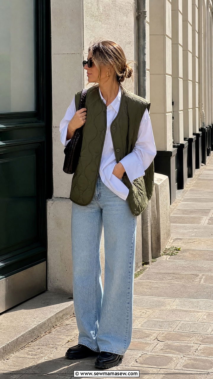 Quilted Vest With Button Down Shirt And Jeans - 30 casual scandinavian outfits