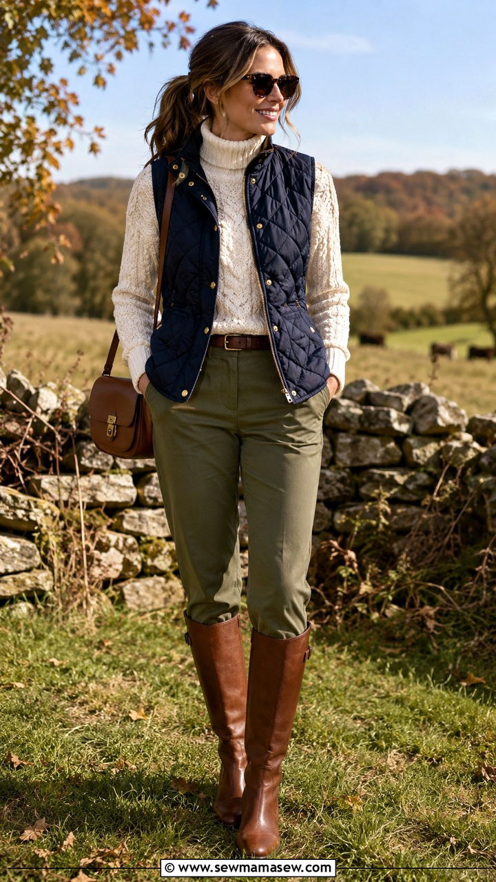 Quilted Vest With Cable Knit Sweater And Tortoise Sunglasses - 25 Old money outfit ideas with tortoise sunglasses