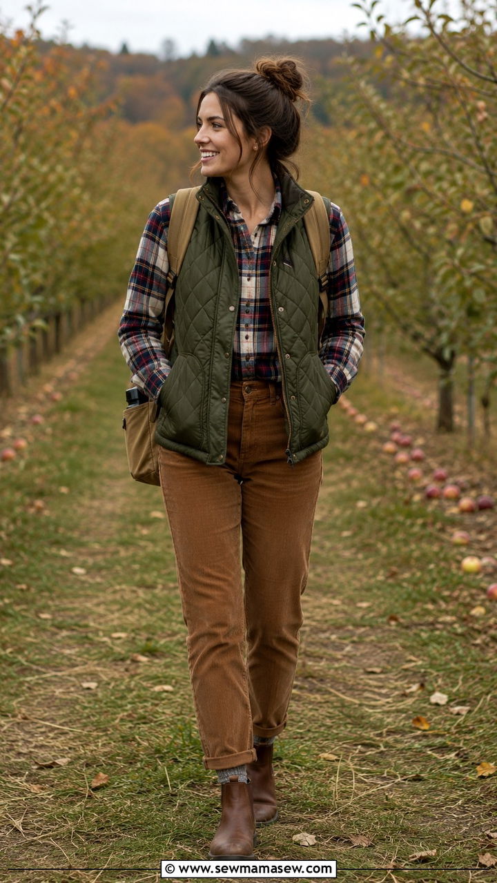Quilted Vest With Flannel Shirt And Corduroy Pants - 30 preppy outfit ideas for women