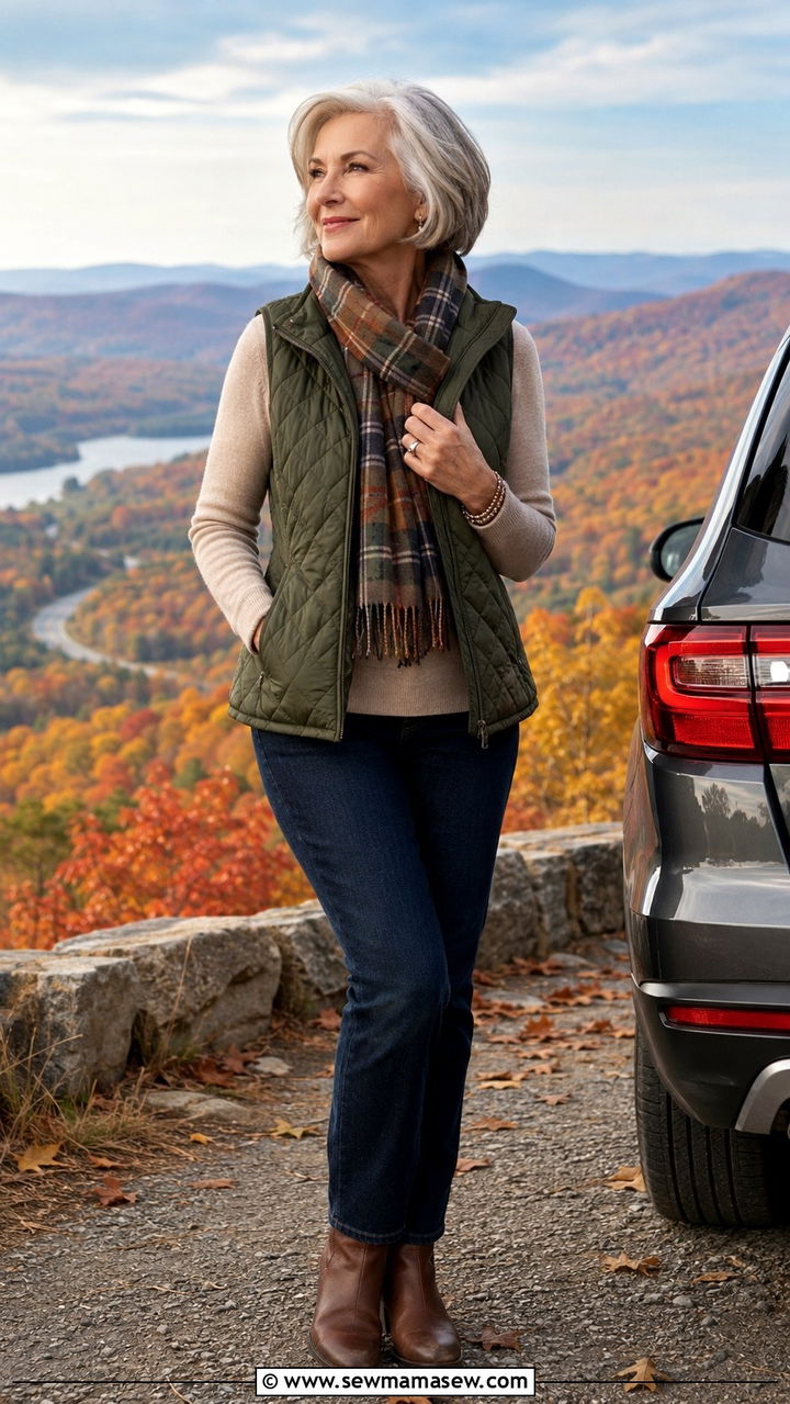 Quilted Vest With Knit Top And Jeans - 30 Travel outfits for women over 60