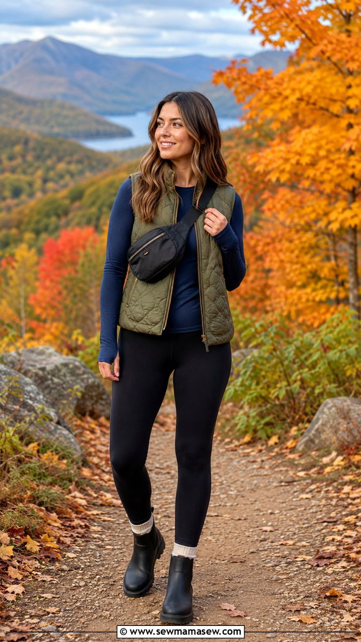 Quilted Vest With Long Sleeve Tee And Leggings - 30 cute summer to fall outfits