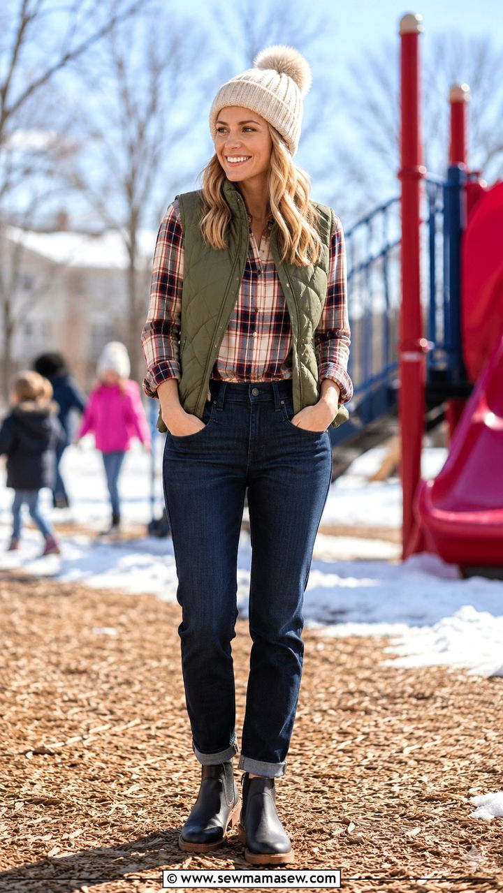 Quilted Vest With Plaid Flannel Shirt - 30 transitional teacher outfit ideas